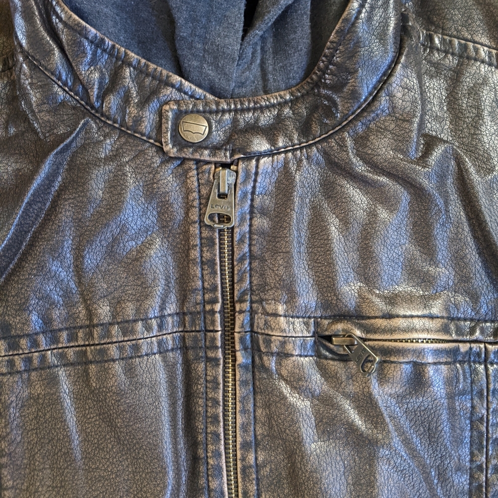 Levi's Chocolate Brown Faux Leather Gray Hoodie Thick Moto Winter Jacket Men's L - Picture 3 of 9